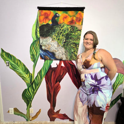 Peacock in Bloom | Original Hand-Painted Silk Tapestry by Amy Bridges | Peacock & Canna Lily Artwork
