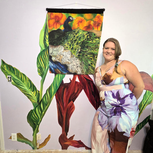 Peacock in Bloom | Original Hand-Painted Silk Tapestry by Amy Bridges | Peacock & Canna Lily Artwork