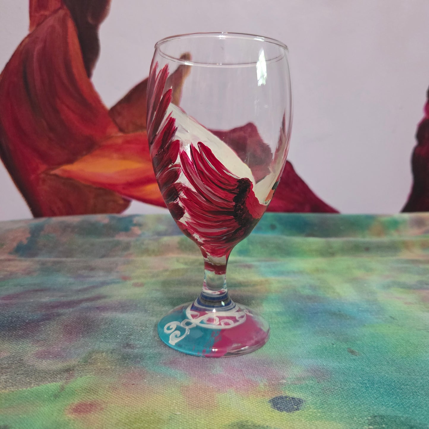 Hand-painted 16 oz goblet with a dramatic red male cardinal and enormous wings spreading up and around the glass