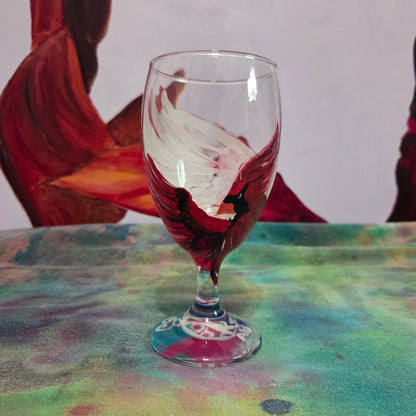 Hand-painted 16 oz goblet with a dramatic red male cardinal and enormous wings spreading up and around the glass