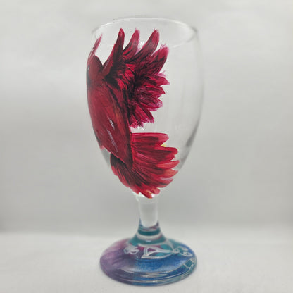 Hand-painted 16 oz goblet with a bold red cardinal facing forward and spreading his wings