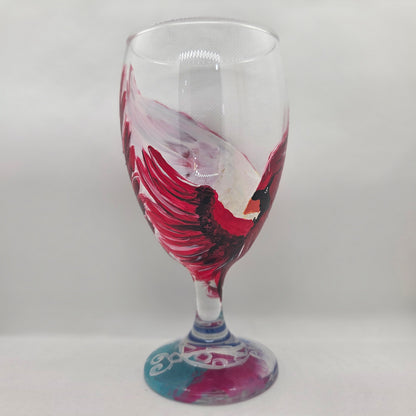 Hand-painted 16 oz goblet with a dramatic red male cardinal and enormous wings spreading up and around the glass