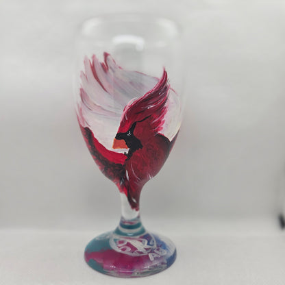 Hand-painted 16 oz goblet with a dramatic red male cardinal and enormous wings spreading up and around the glass