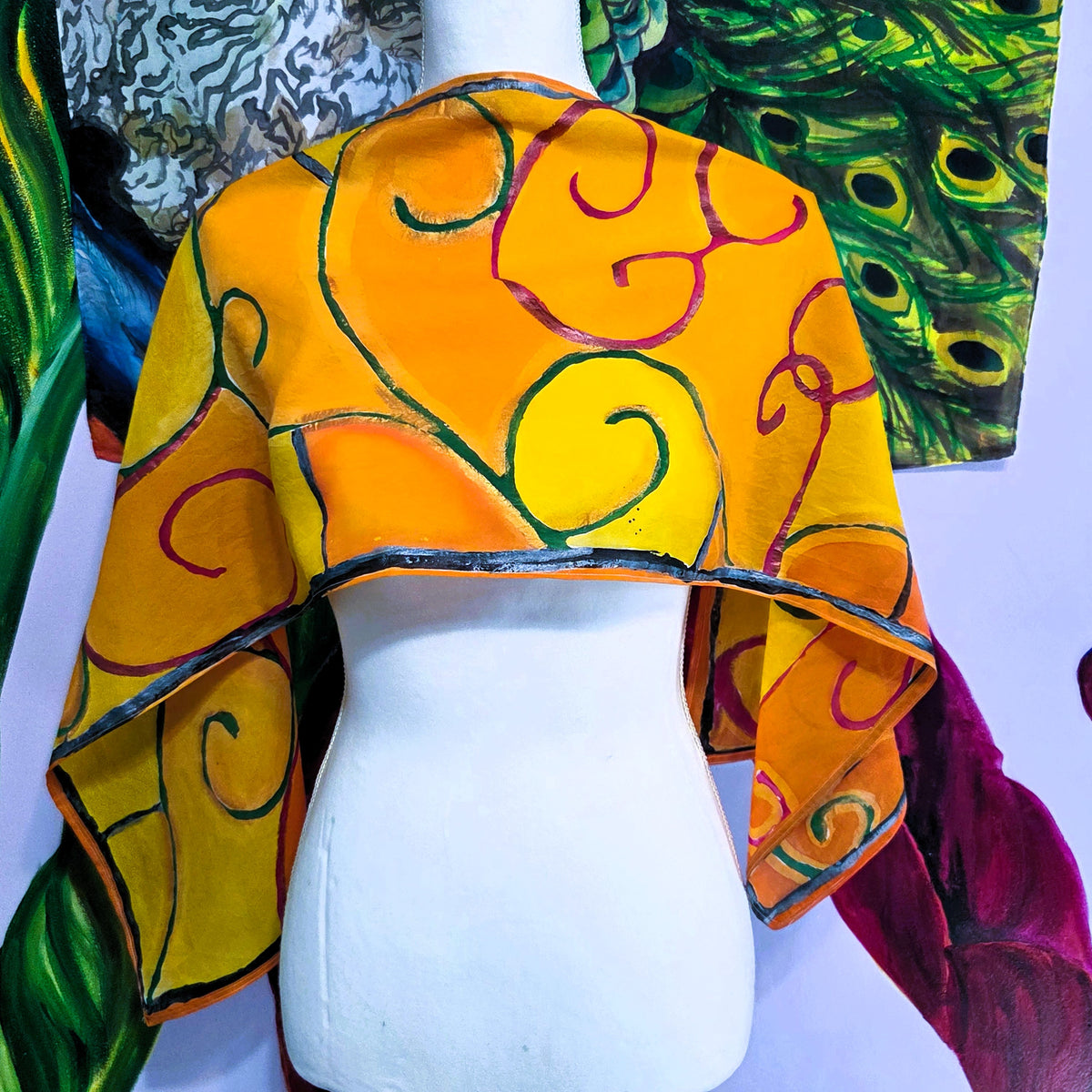 Autumn Gate hand-painted habotai silk scarf with pink and green wrought iron inspired linework