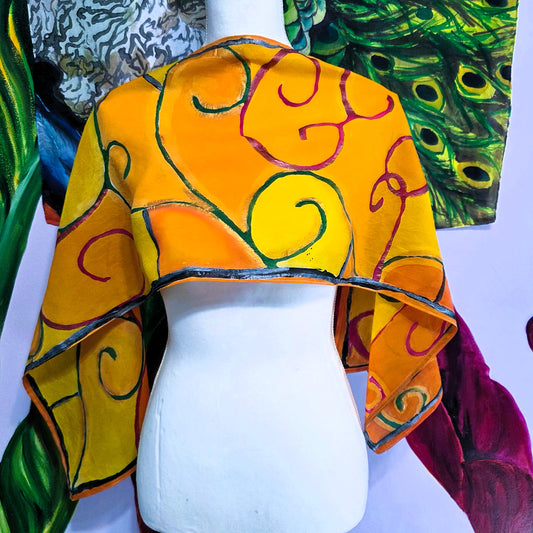 Autumn Gate hand-painted habotai silk scarf with pink and green wrought iron inspired linework