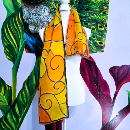 Autumn Gate hand-painted habotai silk scarf with pink and green wrought iron inspired linework