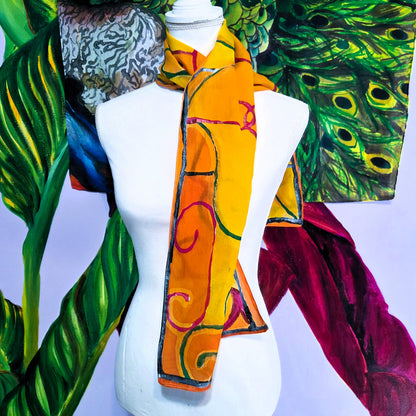 Autumn Gate hand-painted habotai silk scarf with pink and green wrought iron inspired linework