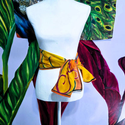 Autumn Gate hand-painted silk scarf styled as wearable art