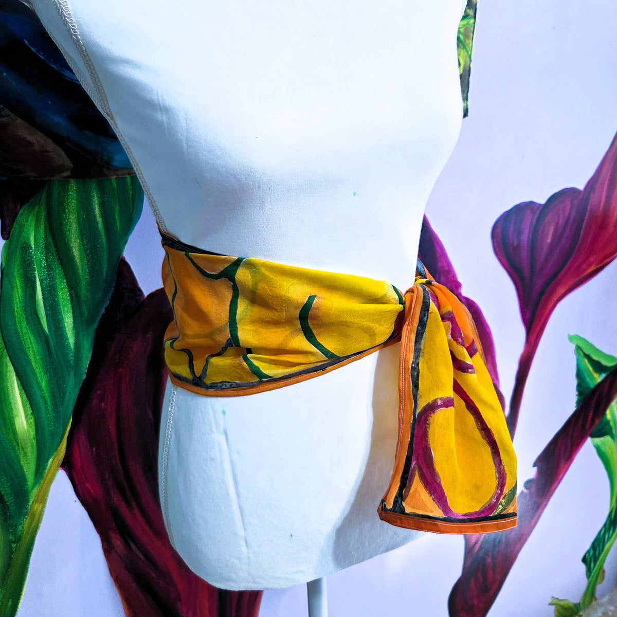 Autumn Gate hand-painted silk scarf styled as wearable art