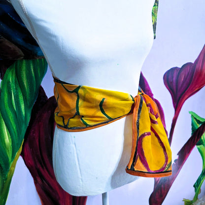Autumn Gate hand-painted silk scarf styled as wearable art