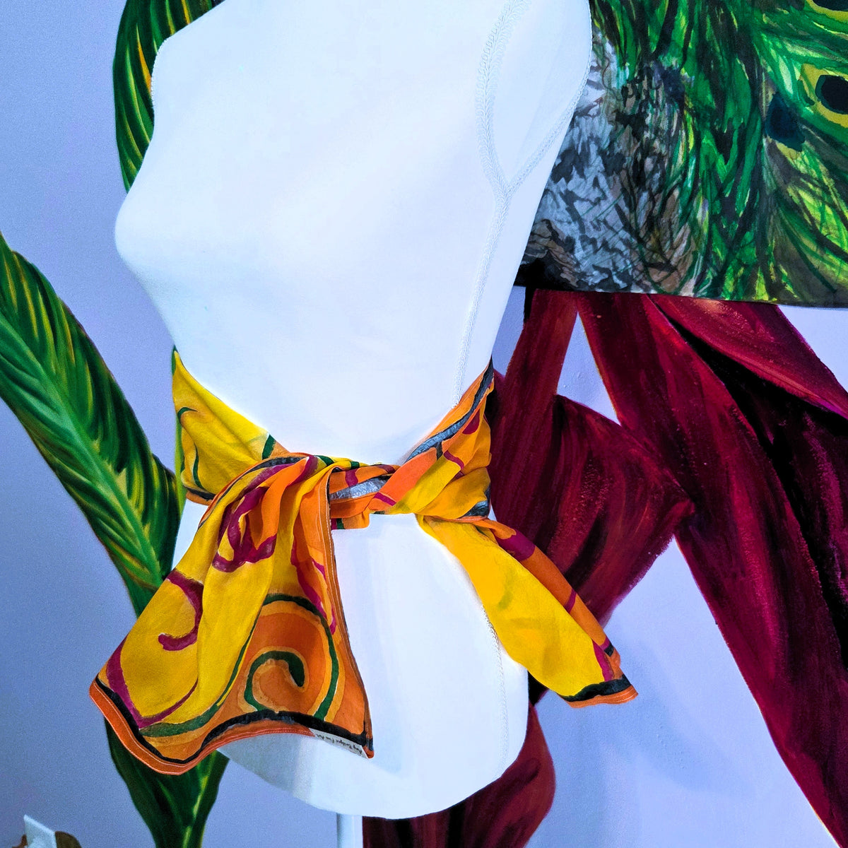 Autumn Gate hand-painted silk scarf styled as wearable art