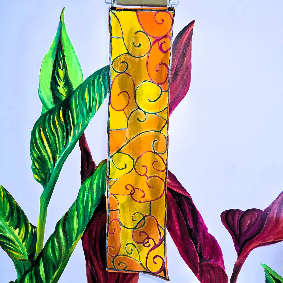 Full view of one-of-a-kind Autumn Gate hand-painted habotai silk scarf