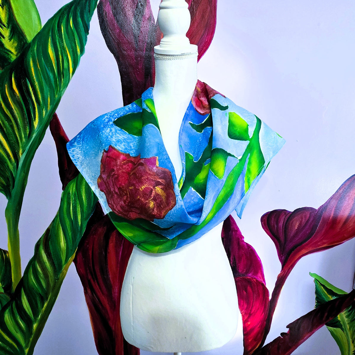 Rosewater Sky one-of-a-kind hand-painted silk scarf styled as a wearable art accessory