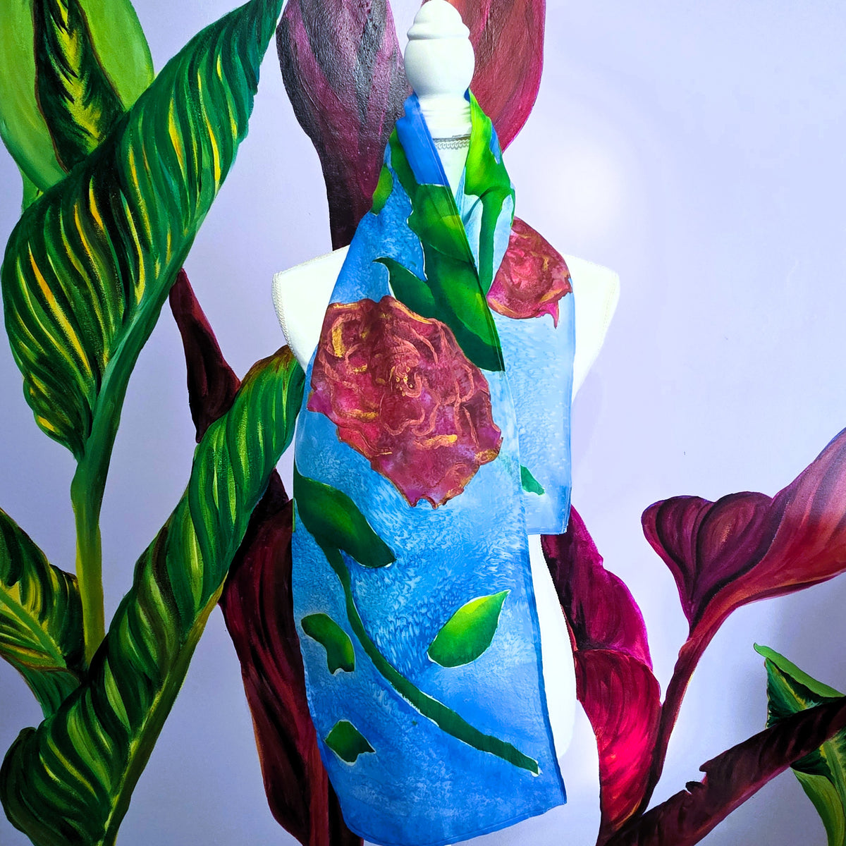 Rosewater Sky one-of-a-kind hand-painted silk scarf styled as a wearable art accessory