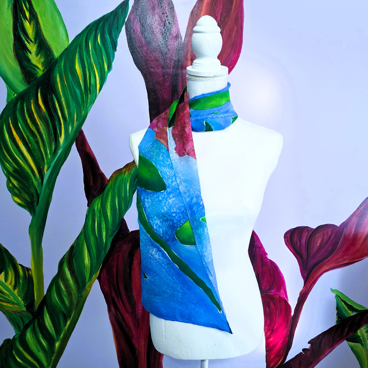 Rosewater Sky one-of-a-kind hand-painted silk scarf styled as a wearable art accessory