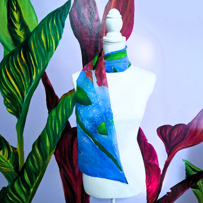 Rosewater Sky one-of-a-kind hand-painted silk scarf styled as a wearable art accessory