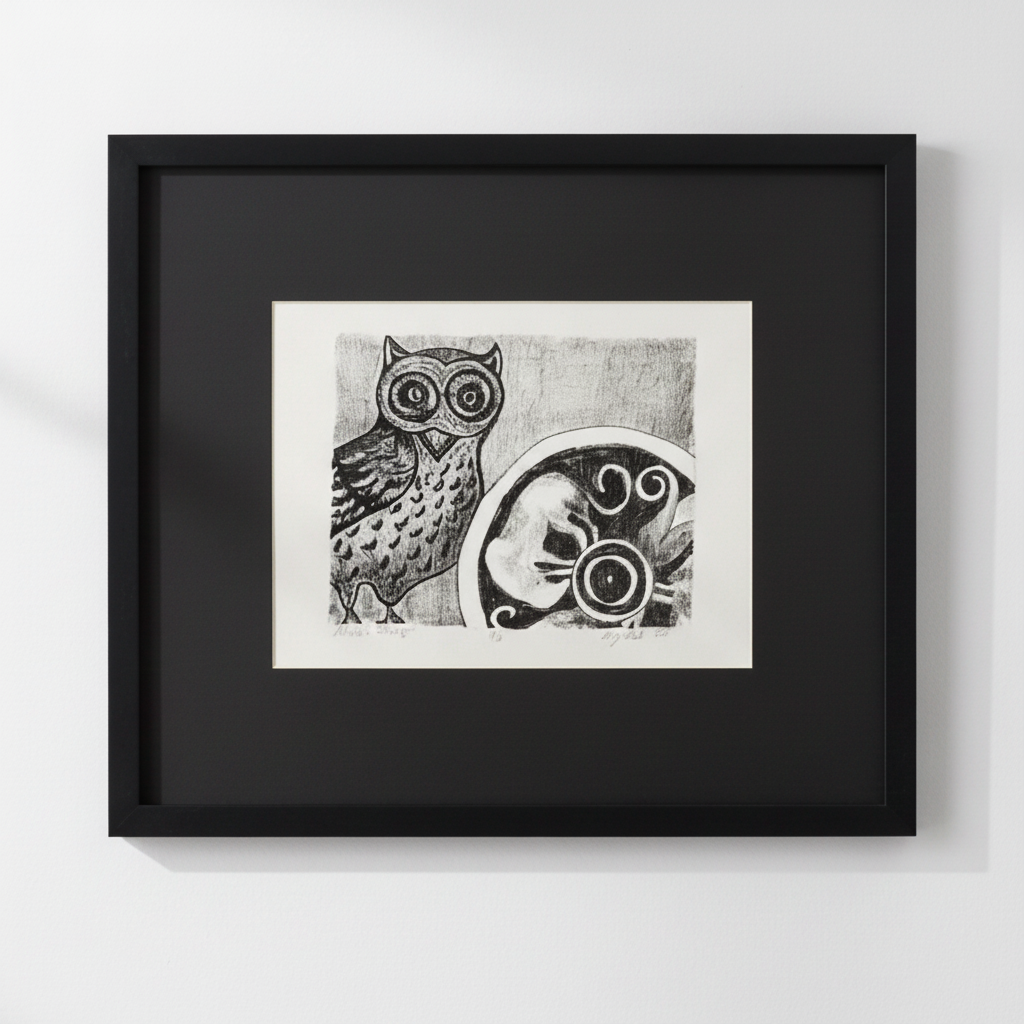 Limited edition lithograph print of Athena’s Strength, a Greek mythology inspired artwork by Amy Bridges, matted and presented as a signed fine art piece.