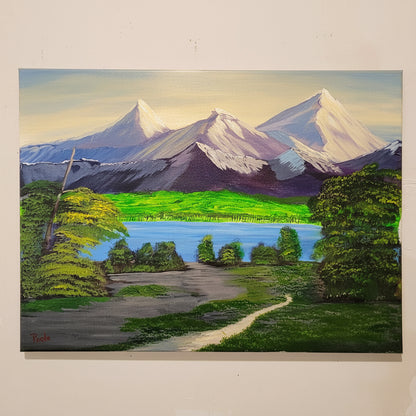 Original acrylic mountain landscape painting with lake, trees, hiking trail, and peaks at Five Points Pass by Ronnie Poole on 18x24 canvas