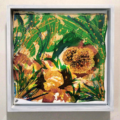 "Golden Mushroom" Painted Silk Mounted to Canvas and Framed