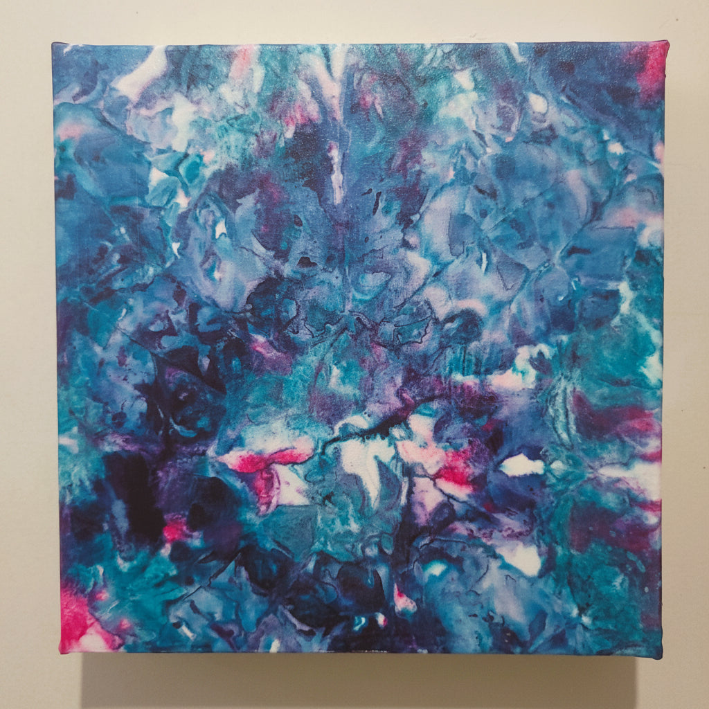 Original silk painting of abstract sinking water lilies in layered blues and pinks mounted on canvas by Amy Bridges