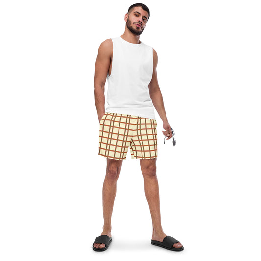 Summer Plaid men's quick-dry swim trunks featuring Fire Lilies surface design in a multicolor plaid pattern.