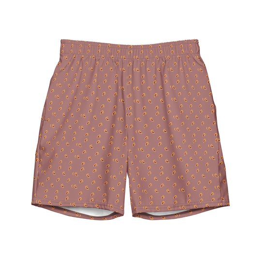Petals on a Mauve Field Fire Lilies men’s swim trunks featuring scattered red and yellow lily petals on mauve background quick-dry board shorts.