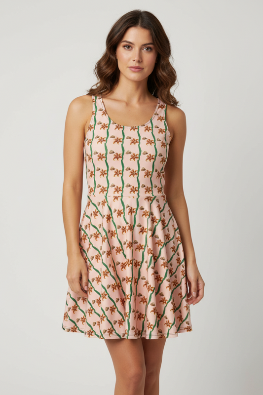 Pink floral skater dress featuring red lilies, green vertical stems, and golden butterfly from Fire Lilies botanical collection design.