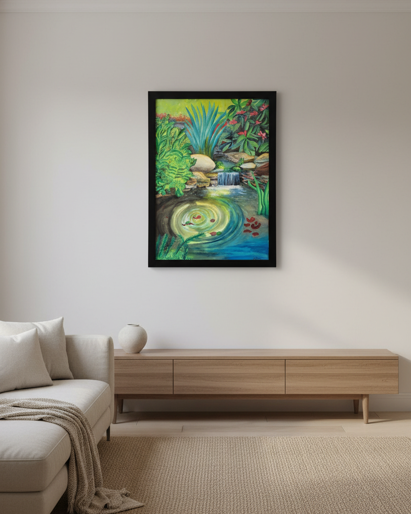Original framed watercolor painting of lush oasis with waterfall, pond, flowers, and vibrant botanical landscape by Amy Bridges