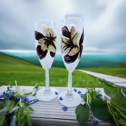 Champagne Flute Pair Purple and Cream Flower Pair