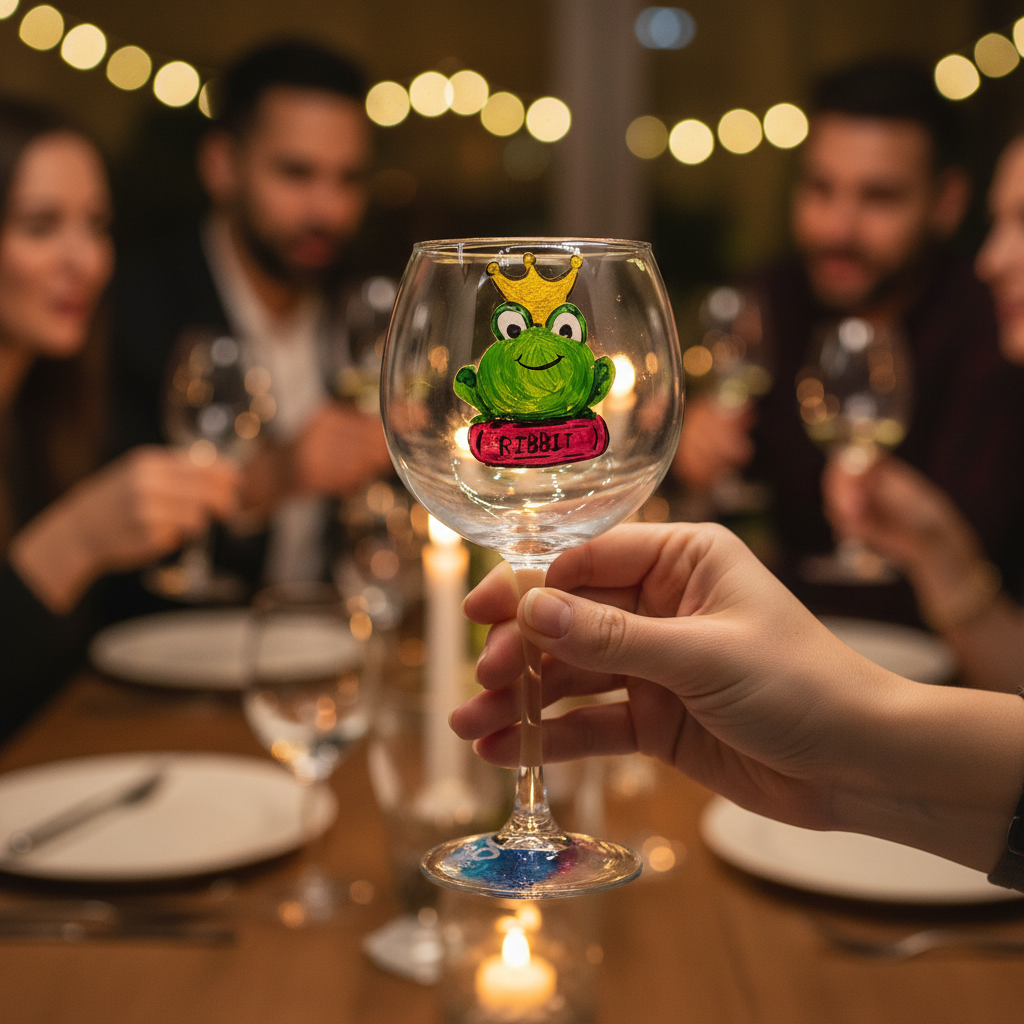 Hand-painted 18 oz wine glass featuring a whimsical Frog Prince with crown, book, lily pad, and mushrooms by Amy Bridges