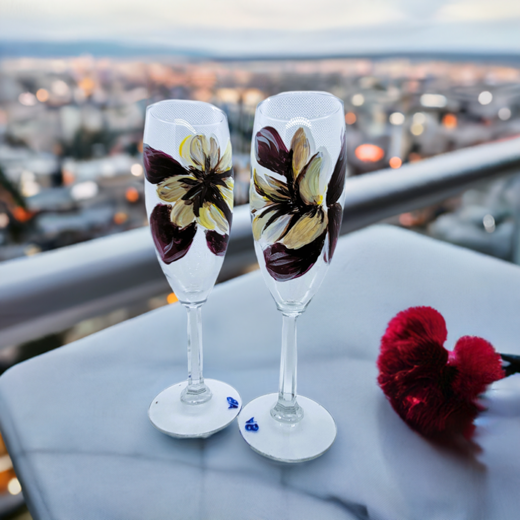 Champagne Flute Pair Purple and Cream Flower Pair