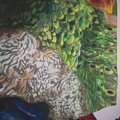 Peacock in Bloom | Original Hand-Painted Silk Tapestry by Amy Bridges | Peacock & Canna Lily Artwork