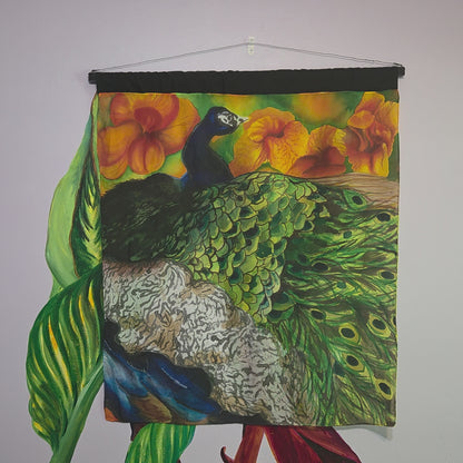 Peacock in Bloom | Original Hand-Painted Silk Tapestry by Amy Bridges | Peacock & Canna Lily Artwork