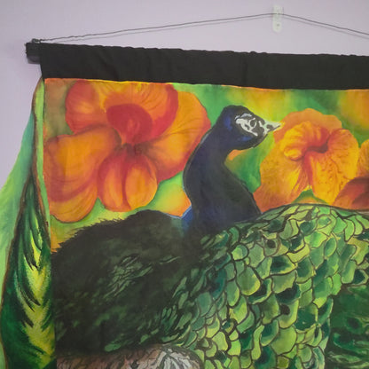 Peacock in Bloom | Original Hand-Painted Silk Tapestry by Amy Bridges | Peacock & Canna Lily Artwork