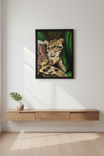 Original framed acrylic painting of a clouded leopard with textured fur detail in a 16x20 wildlife artwork by Amy Bridges.