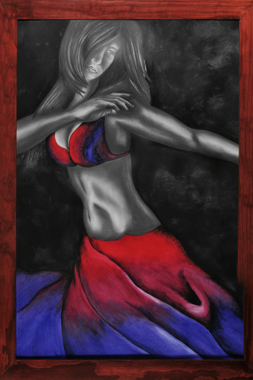 Large mixed media painting titled Peace showing belly dancer figure with swirling black background and red purple costume by Amy Bridges framed artwork