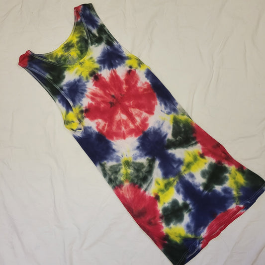 Adult Red Flowers with Yellow and Blue Tie-Dye Sleeveless Shirt Dress
