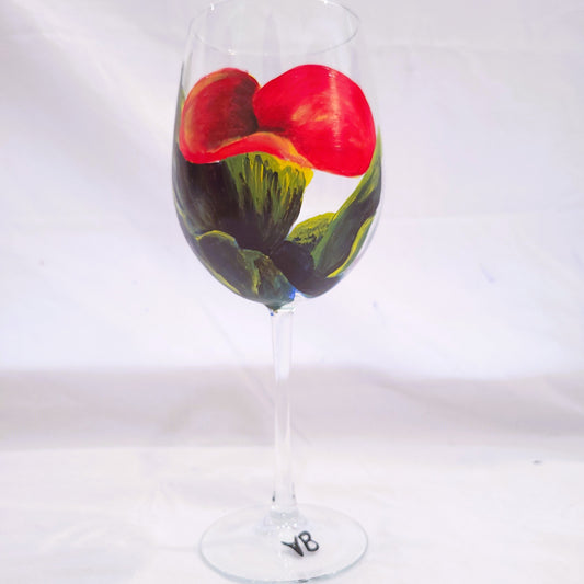 Red Tulip Wine Glass handpainted glassware