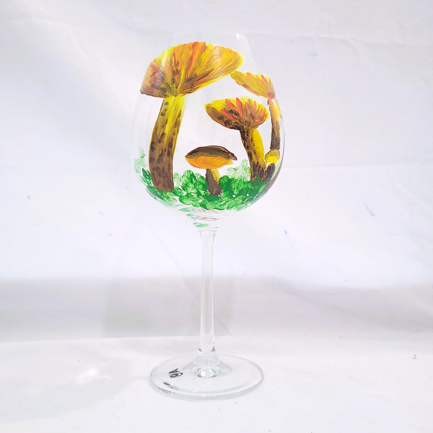 yellow mushrooms wine glass hand painted glassware amy bridges