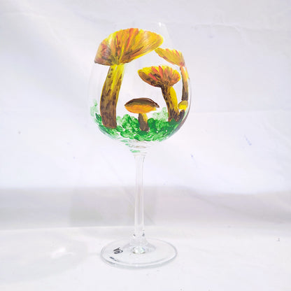 yellow mushrooms wine glass hand painted glassware amy bridges