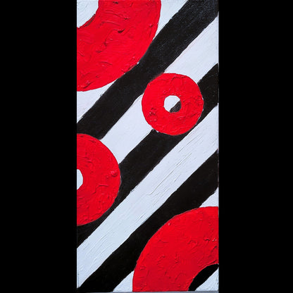 Original abstract acrylic painting titled Inflamed featuring black and white diagonal stripes interrupted by heavily textured bright red circular forms.
