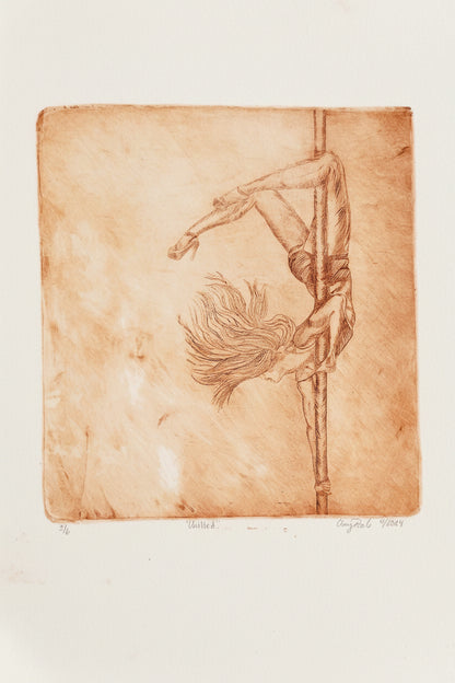 Sepia toned hand-pulled intaglio etching print showing a figurative dancer composition with textured background on cotton paper.