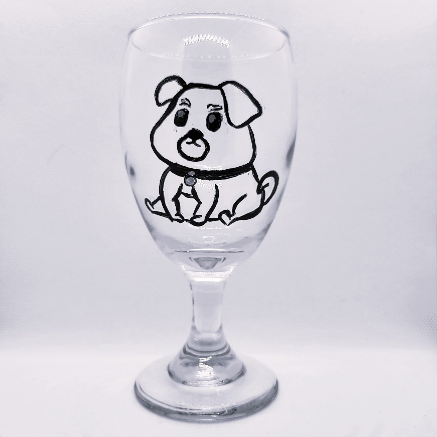 pudgy puppy seated wine glass hand painted glassware 