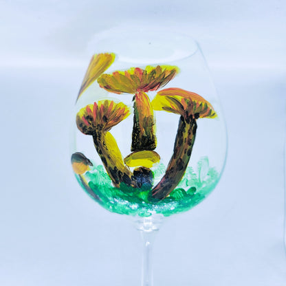 yellow mushroom cluster wine glass hand painted glassware