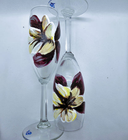 champagne flute pair purple and cream flower handpainted