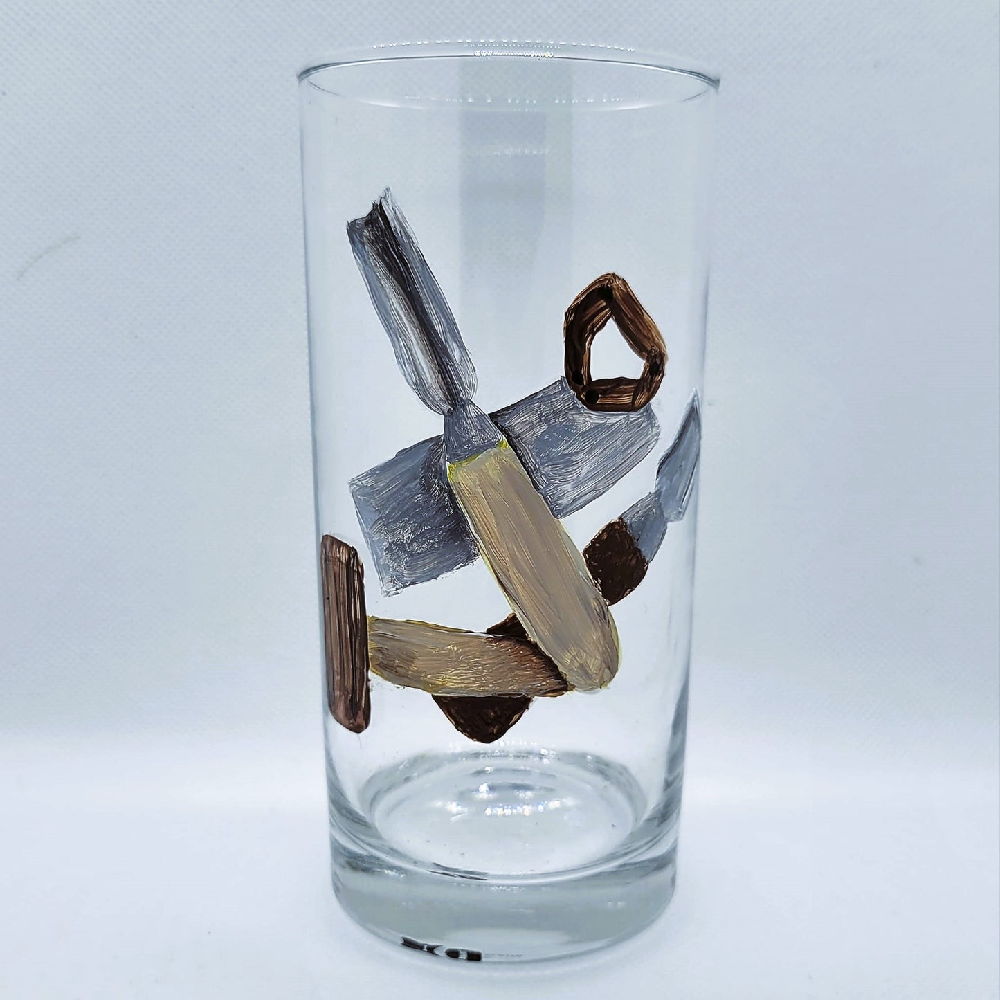 woodworking tools on highball glass hand painted glassware