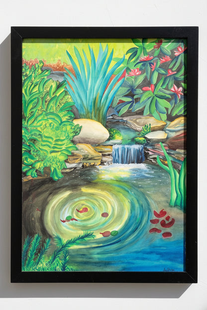 Original framed watercolor painting of lush oasis with waterfall, pond, flowers, and vibrant botanical landscape by Amy Bridges